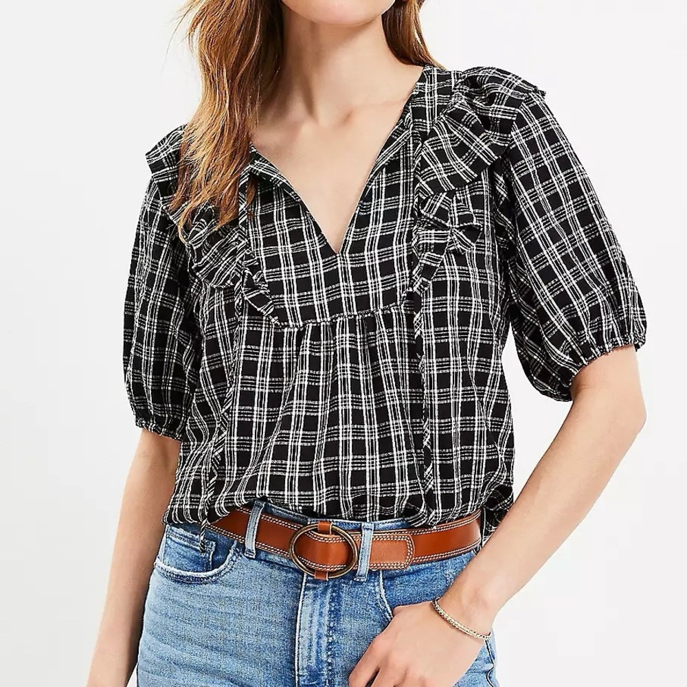 Loft Women’s Plaid Ruffle Bib Tie Neck Blouse - Large, NWT